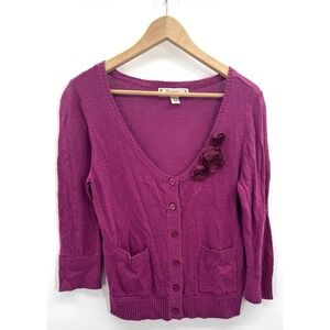 VTG Y2K Cardigan XL Magenta Scoop Cropped 3/4 Sleeve Rosette Cottagecore Layers